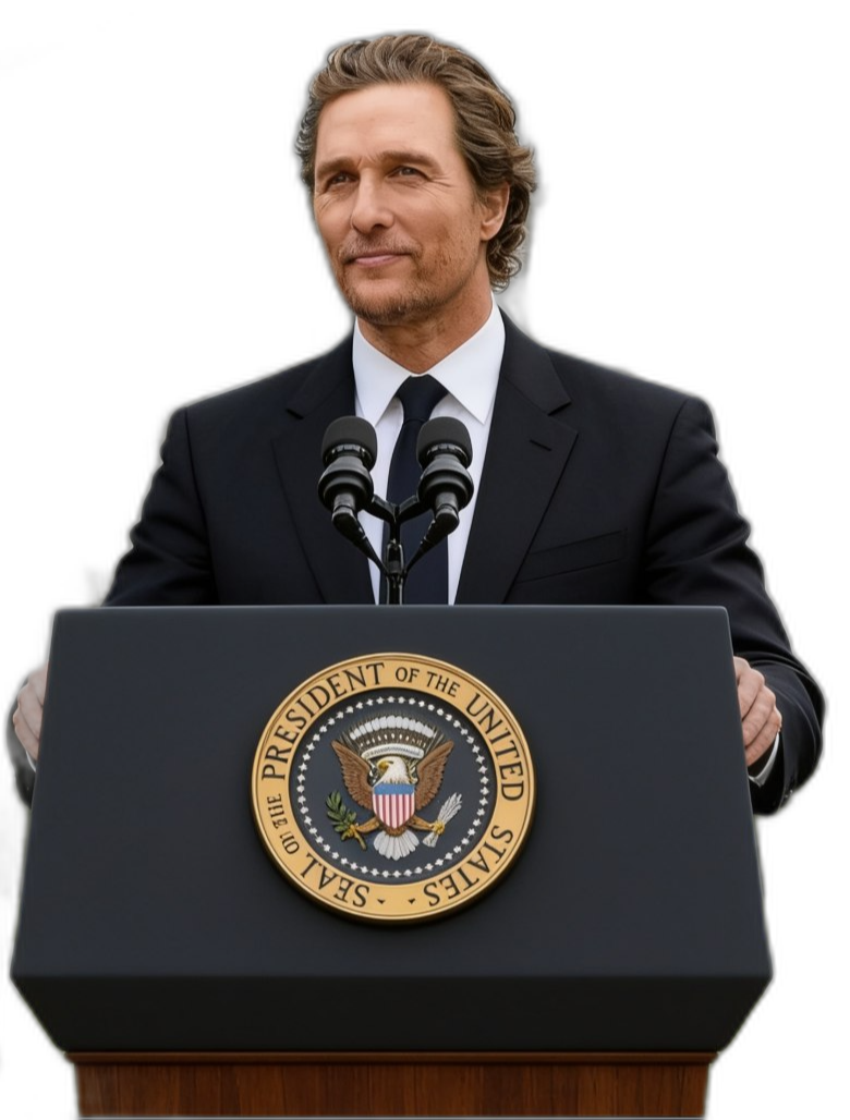 McConaughey standing confidently at a presidential podium